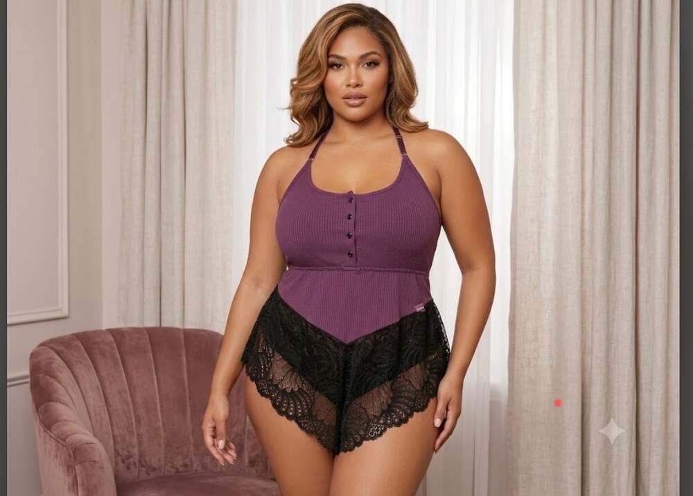 Oh Là Là Chéri Plus Size Ribbed Knit Romper with Lace Trim
